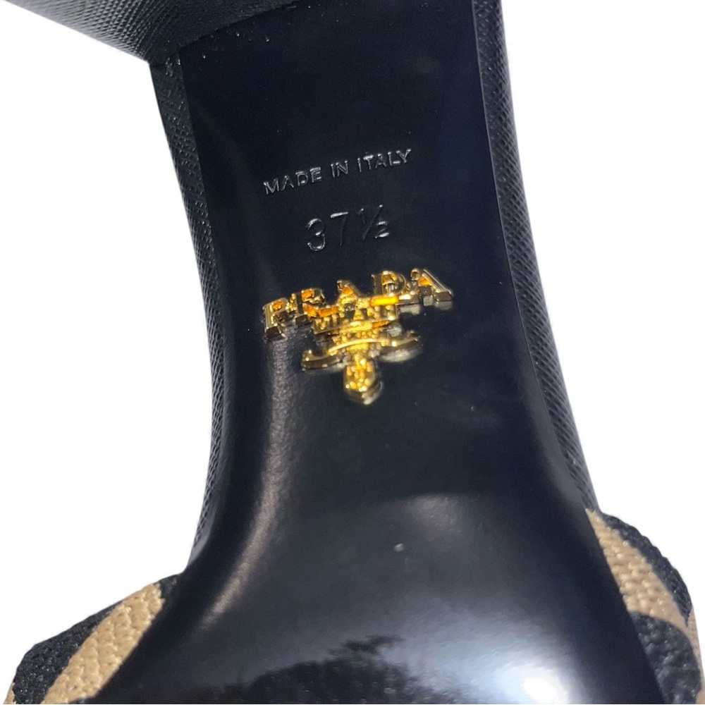Prada Black Tan Slide Sandals Heeled Mules Jacquard Triangolo Open Toe 7.5 🟡 - Picture 12 of 13